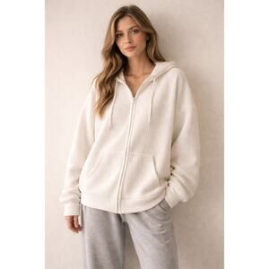 Womens XXL Ivory Waffle Knit Zip Up Hoodie Drawstring Casual Jacket